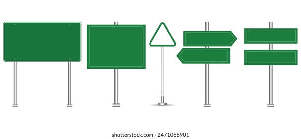 Set of road signs isolated on a white background. Green traffic signs. vector illustration