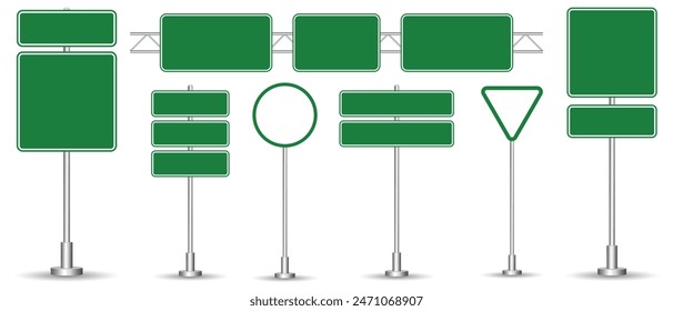 Set of road signs isolated on a white background. Green traffic signs. vector illustration