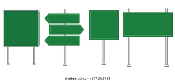 Set of road signs isolated on a white background. Green traffic signs. vector illustration