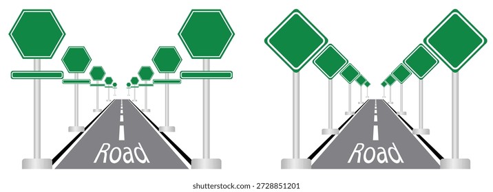 Straßenschilder einzeln auf weißem Hintergrund. Horizontale Asphaltstraßenvorlage. Windende Straße, Vektorgrafik. 