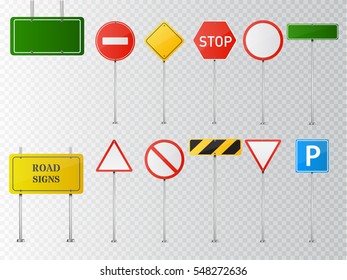 Set of road signs isolated on transparent background. Vector illustration.