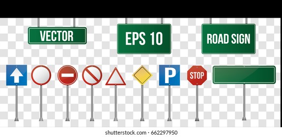 Set of road signs isolated on transparent background. Vector illustration.