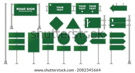 Set of road signs isolated on white background, Green traffic signs collection