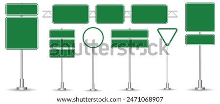 Set of road signs isolated on a white background. Green traffic signs. vector illustration