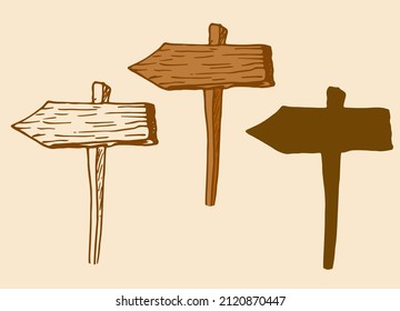 A Set Of Road Signs Made Of Old Wood. Vector Of An Isolated Element Of A Wooden Road Sign With A Rectangular Board With A Sharp End Of The Direction On A Pole, Hand-drawn In The Style Of Brown Contour