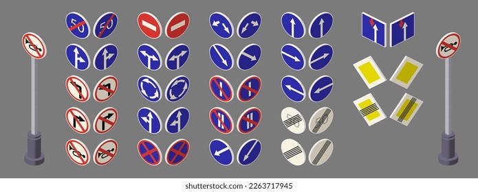 Un conjunto de señales viales en un fondo gris, horizontal, de estilo isométrico para impresión y diseño. Ilustración vectorial.