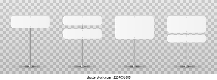 Set of road signs on an isolated transparent background. White signs png. White road signs png. Vector illustration.