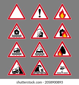 Set Of Road Signs With Pictograms For Warning Of Different Disasters - Flood, Tornado, Fire, Landslide, Tsunami, Rescue. 
