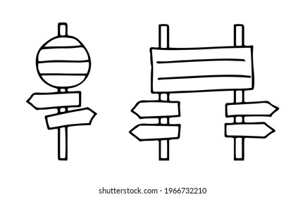 Un conjunto de señales de tráfico con placas y flechas apuntando en direcciones diferentes. Dibujado en un contorno negro sobre un fondo blanco en estilo doodle. Ilustración vectorial.