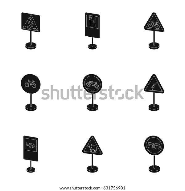 Set of road signs. Signs of prohibition,\
permission, priority. Road signs icon in set collection on black\
style vector symbol stock\
illustration.