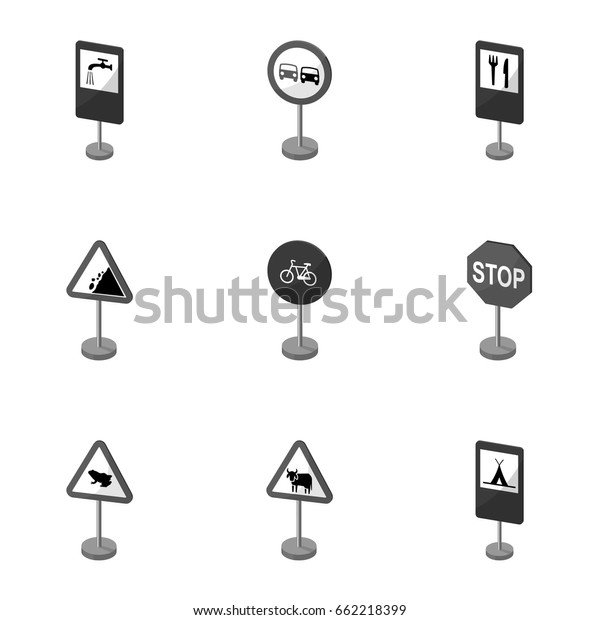Set of road signs. Signs of\
prohibition, permission, priority. Road signs icon in set\
collection on monochrome style vector symbol stock\
illustration.
