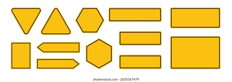 Set of road signs. Realistic yellow road sign. Road traffic signs of different shapes on metal poles vector illustration set. Empty traffic signs isolated on transparent background.