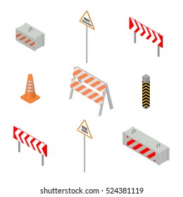 Set of road signs repairs isolated on white background. Isometric style, vector illustration.