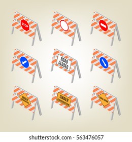 Set of road signs repairs isolated on white background. Design elements for reconstruction. Flat 3D isometric style, vector illustration.