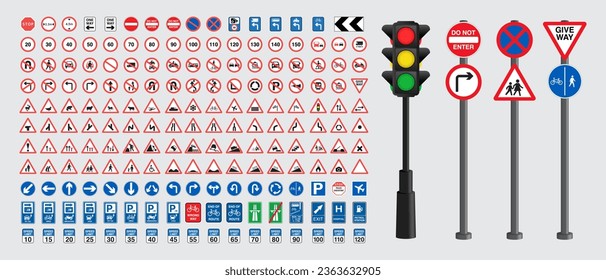 Set von Straßenschildern und Ampelvektoren. Sammlung von Verkehrszeichen. Gefahrenhinweise, obligatorische Verpflichtungen, Tierübergänge und Warnmeldungen. Zusatztabelle und Routing. Verkehrszeichen Vektor.