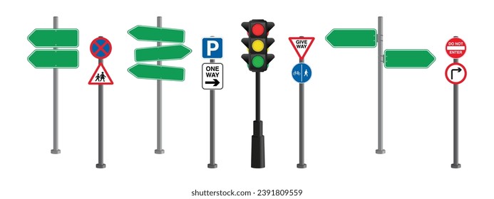 Set of road signs and Traffic light isolated on transparent background. Vector illustration.