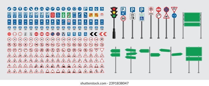 Set von Straßenschildern und Ampelvektoren. Sammlung von Verkehrszeichen. Gefahrenhinweise, obligatorische Verpflichtungen, Tierübergänge und Warnmeldungen. Zusatztabelle und Routing. Vorübergehende Verkehrszeichen.