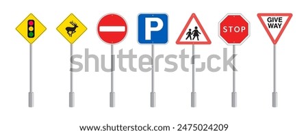 Set of Road Signs, Traffic Signs: Traffic Light Signal Ahead, Animal Crossing, No Entry, Car Parking, School Crossing, Stop and Give Way Ahead Symbol. Vector.