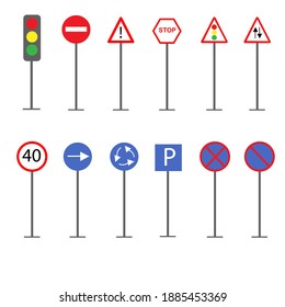 Set of road signs and traffic lights on a white background. Vector illustration. Isolated object.