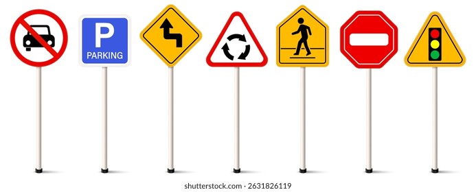 Set of road signs. Traffic signs. No parking, Parking, left reverse turn, roundabout ahead, Pedestrian, Stop, Traffic light symbol. Street symbol.