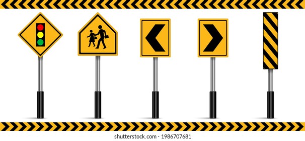 Set Of Road Signs, Traffic Signs On White Background, Traffic Lights Ahead, Children, School Zone, Curve Marker