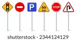 Set of road signs, Traffic signs. Signal ahead, No entry, Parking, School crossing, Stop and U turn ahead symbol.