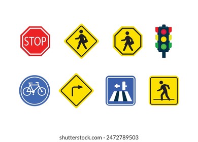 Set of road signs, Traffic signs. Signal ahead, No entry, Parking, School crossing,turn rigt Stop and bicycle road symbol.