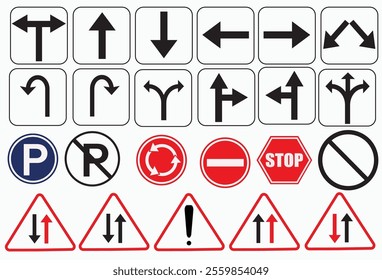 Set of road signs, Traffic signs. Signal ahead, No entry, Parking, School crossing, Stop and U turn ahead symbol.