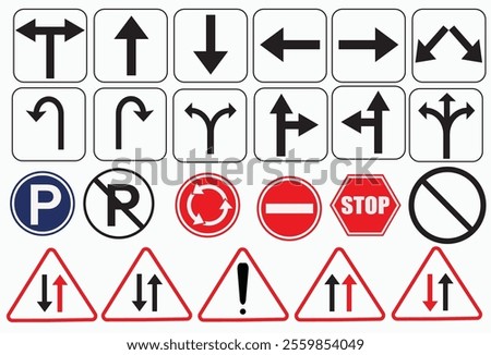 Set of road signs, Traffic signs. Signal ahead, No entry, Parking, School crossing, Stop and U turn ahead symbol.