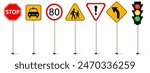 Set of road signs, Traffic signs. Stop, Taxi, Maximum speed, School crossing, Danger, Left curve, Traffic light symbol.