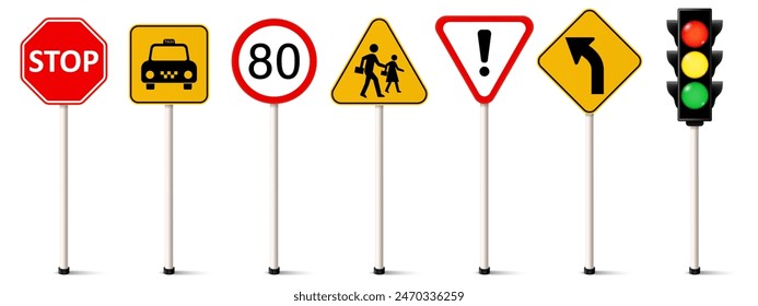 Set of road signs, Traffic signs. Stop, Taxi, Maximum speed, School crossing, Danger, Left curve, Traffic light symbol.