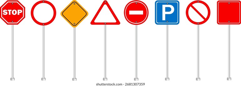 Conjunto de sinais de estrada ilustração vetorial, coleção de símbolos de tráfego incluindo parar, aviso, estacionamento, proibição e sinais de rendimento em fundo transparente

