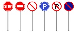 Set Of Road Signs Vector, Traffic Signs On White Background, Stop, No Entry, Parking, No Parking