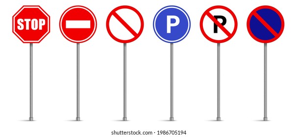 Set of road signs vector, Traffic signs on white background, Stop, No entry, Parking, No parking - Shutterstock ID 1986705194