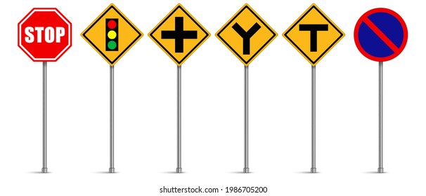 Set of road signs vector, Traffic signs on white background, Stop, Traffic lights ahead, Crossroads, Y-junction, T-junction, No parking
