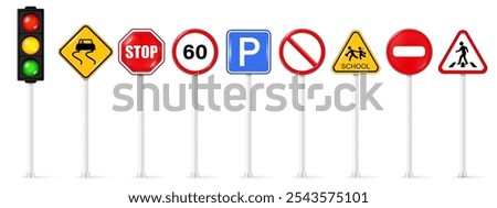 Set of road signs vector. Traffic signs. Traffic light, Slippery road, Stop, Maximum speed, Parking, No parking, School crossing symbol.