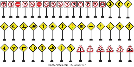 set of road signs and warning signs
