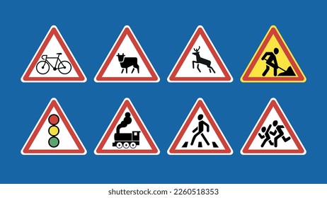 Set of road signs. Warning signs on blue background. Vector illustration.