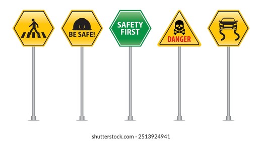 Set of road street signs for vehicles, slippery road, pedestrian, danger for safety vector. Road, car, warning. Can use for infographic, banner, poster, web design. Isolated on white background. 