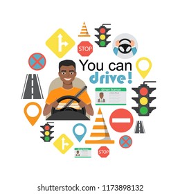 Set Of Road Symbols And Black African American Man Driver Character