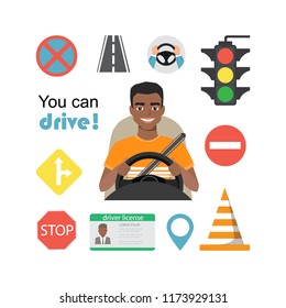 Set of road symbols and black african american man driver character