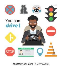 Set of road symbols and black african american man driver character. Isolated vector elements