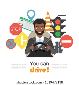 Set of road symbols and black african american man driver character. Isolated vector elements