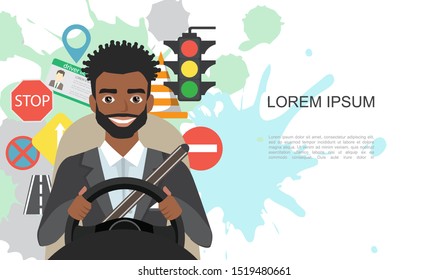 Set of road symbols and black african american man driver character. Isolated vector elements