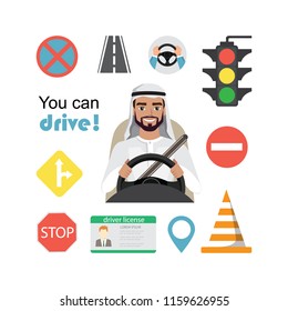 Set of road symbols and driver arab men character