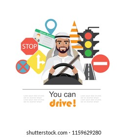 Set of road symbols and driver arab men character