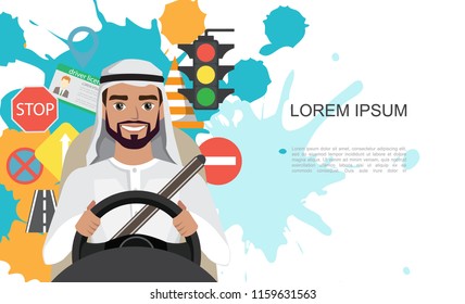 Set of road symbols and driver arab men character
