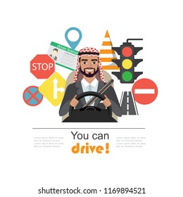 Set of road symbols and driver arab businessman character