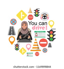 Set of road symbols and driver arab businesswomen character