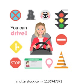 Set of road symbols and woman driver character